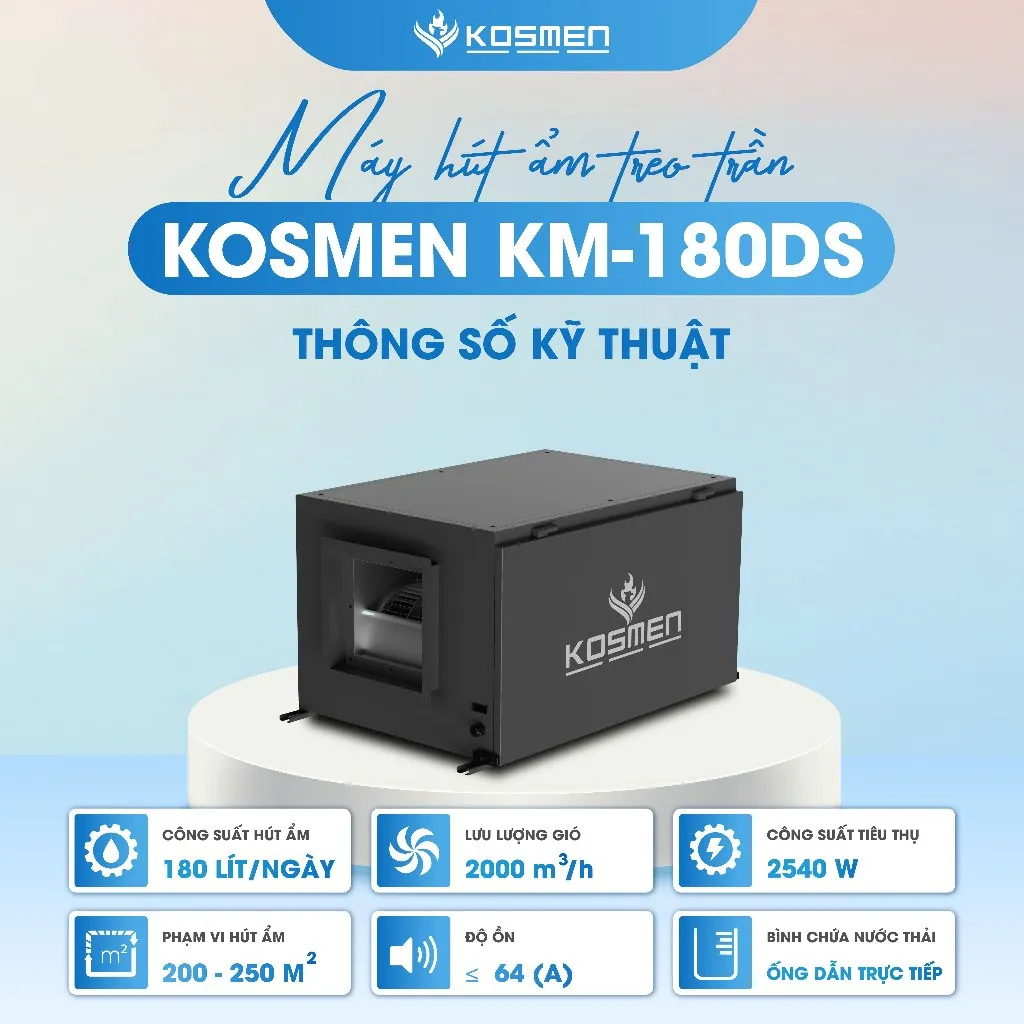 Ảnh Máy Hút Ẩm Âm Trần Kosmen KM-180DS Công Suất 180 lít/ngày - Hàng Chính Hãng BH 24 tháng 2