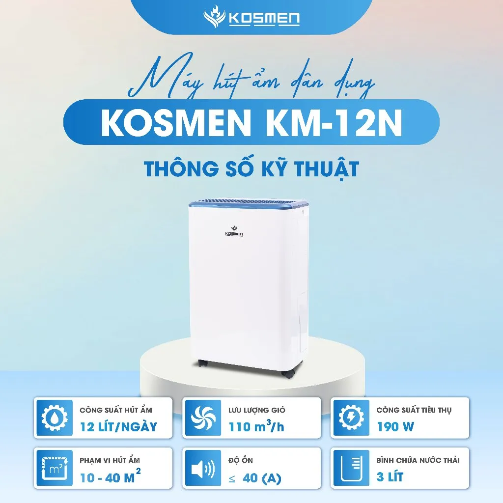 Ảnh Máy Hút Ẩm Dân Dụng Kosmen KM-12N Công Suất 12 lít/ngày - Hàng Chính Hãng BH 24 Tháng 3