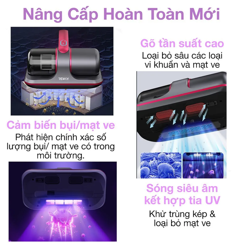 Ảnh Máy hút bụi giường nệm đệm cầm tay đèn UV diệt khuẩn REKKY không dây cao cấp, lực hút mạnh [HÀNG CHÍNH HÃNG] 4