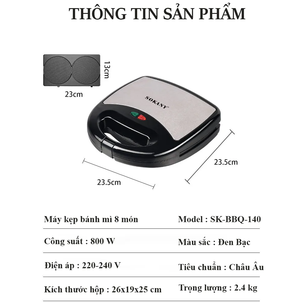 Ảnh Máy kẹp, nướng, làm bánh mì, bánh ngọt 8 khay đa năng 800W SOKANY SK-BBQ-140 hàng cao cấp [BẢO HÀNH 12 THÁNG] 1