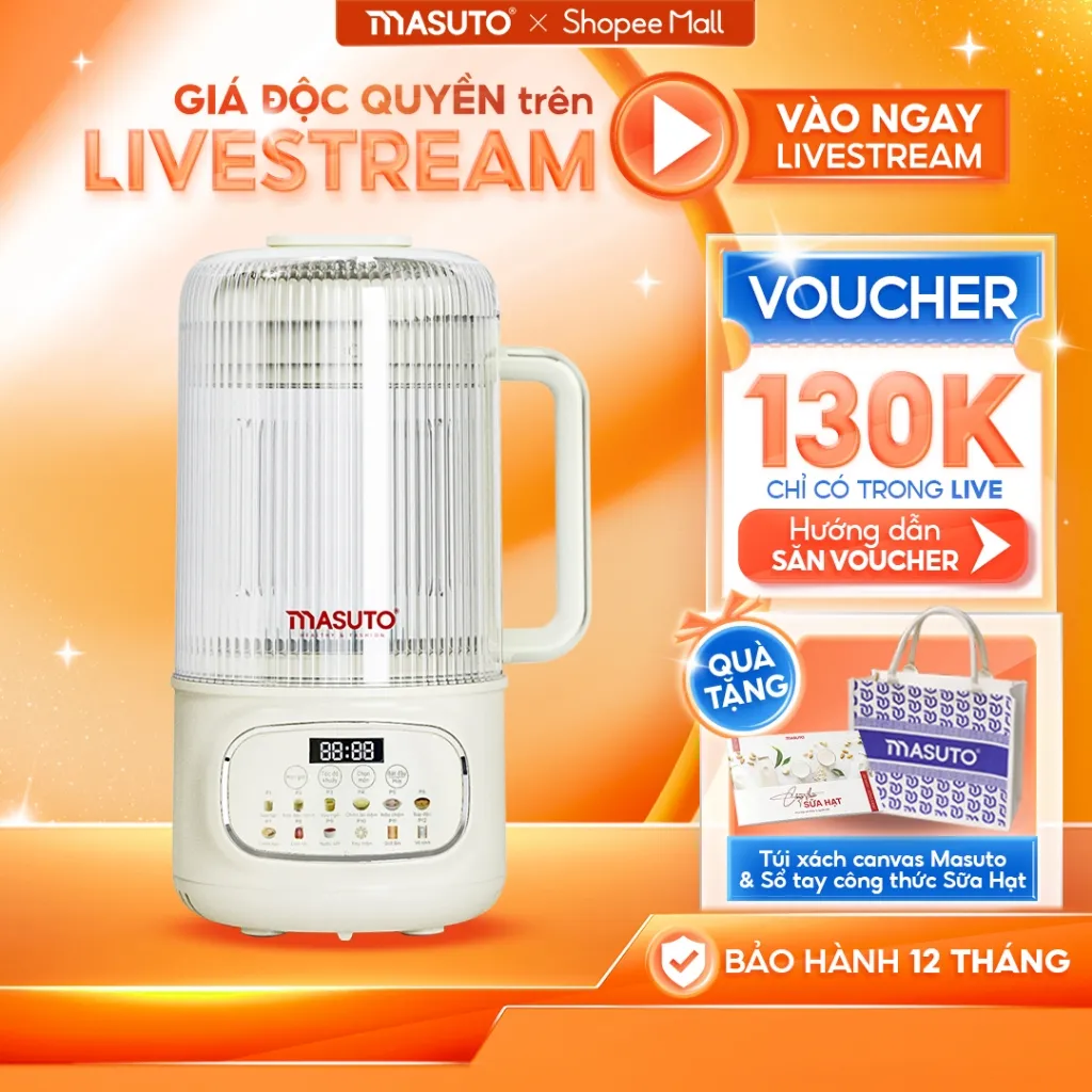 Ảnh Máy Làm Sữa Hạt Masuto 1,2L Thủy Tinh Chống Ồn Cường Lực Xay Hạt Nhuyễn Mịn Chống Trào 12 Chế Độ Nấu 1