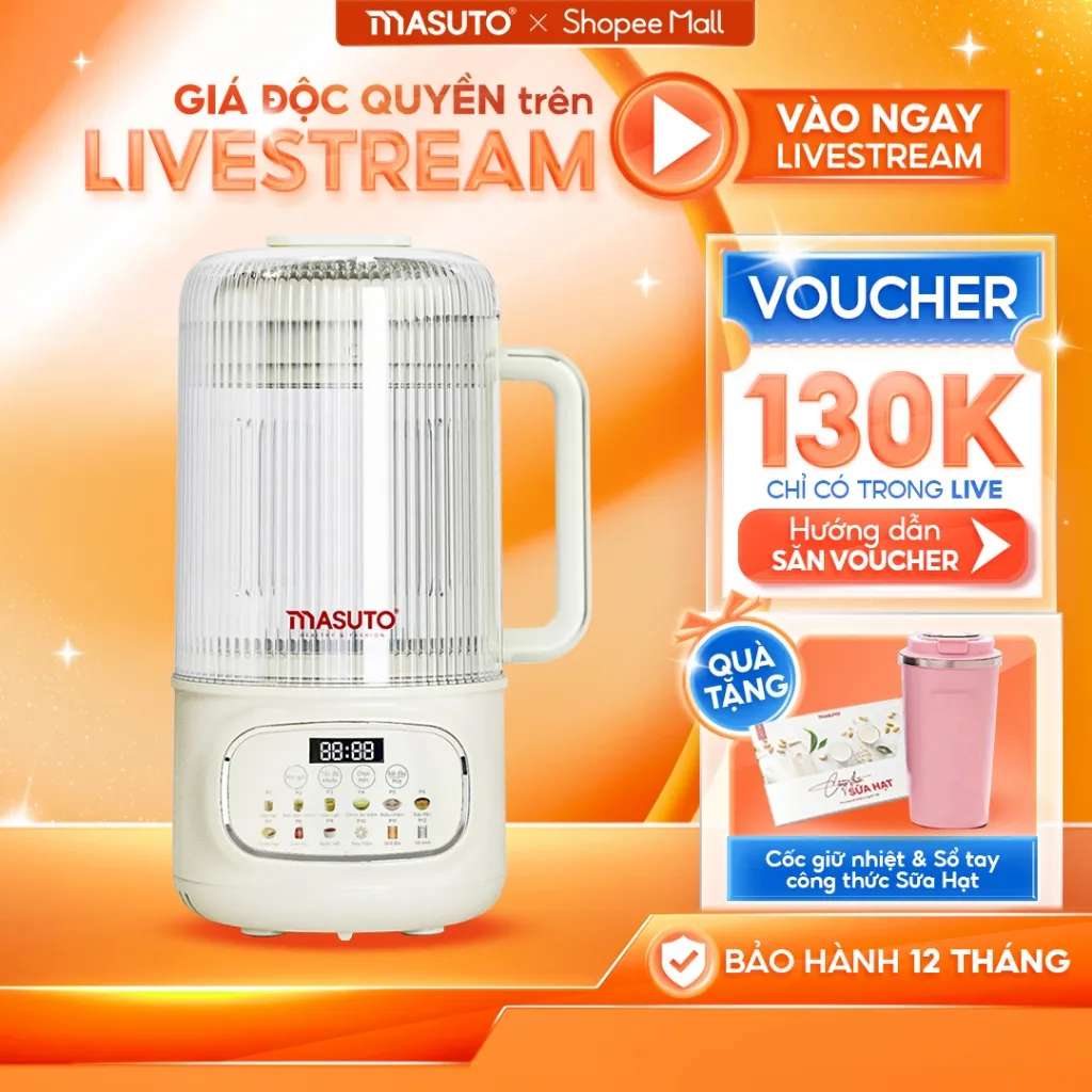 Ảnh Máy Làm Sữa Hạt Masuto 1,2L Thủy Tinh Chống Ồn Cường Lực Xay Hạt Nhuyễn Mịn Chống Trào 12 Chế Độ Nấu Bảo Hành 12 Tháng 1