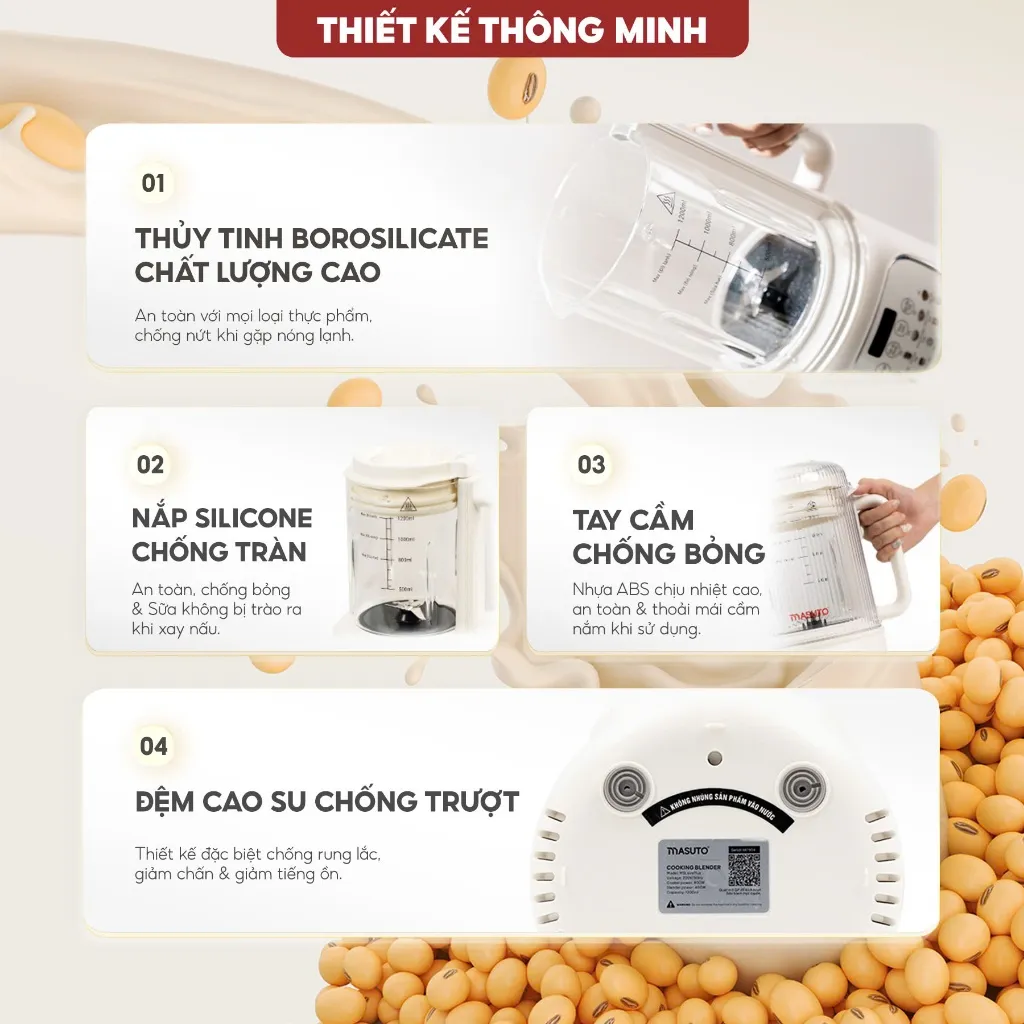 Ảnh Máy Làm Sữa Hạt Masuto 1,2L Thủy Tinh Chống Ồn Cường Lực Xay Hạt Nhuyễn Mịn Chống Trào 12 Chế Độ Nấu Bảo Hành 12 Tháng 2