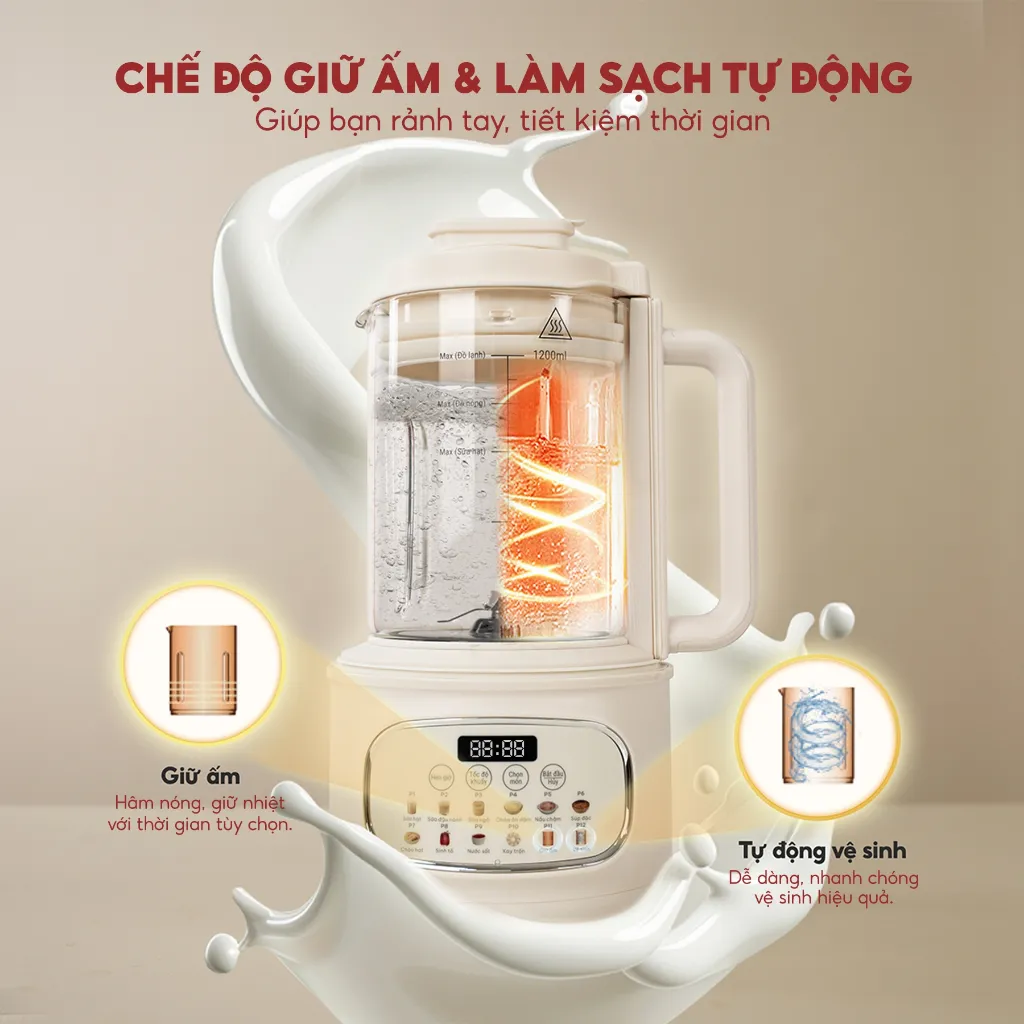Ảnh Máy làm sữa hạt thủy tinh Masuto MSPLUS, dung tích 1,2L chống dính, 12 chế độ nấu thông minh 3