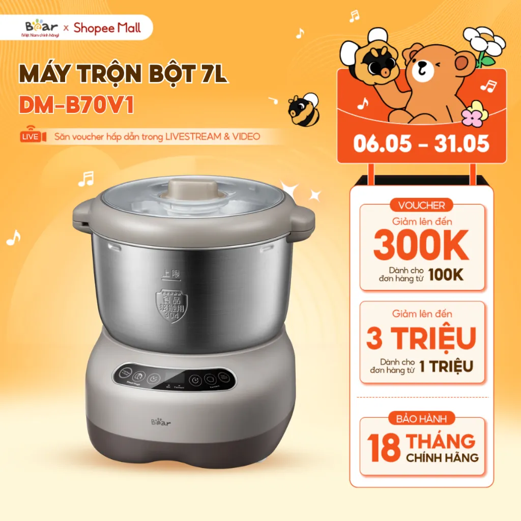 Máy Nhào Bột Bear 7L DM-B70V1 Đa Năng: Trộn, Ủ Bột Chuẩn SEO