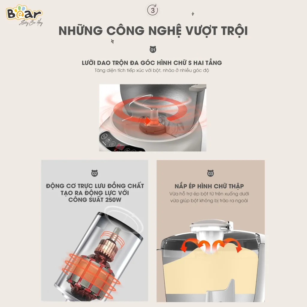 Ảnh Máy Nhào Bột Bear 7L Đa Năng Ủ Bột, Trộn Bột, Nhồi Bột Nhanh Công Suất Lớn Bảo Hành Chính Hãng 18 Tháng - DM-B70V1 4