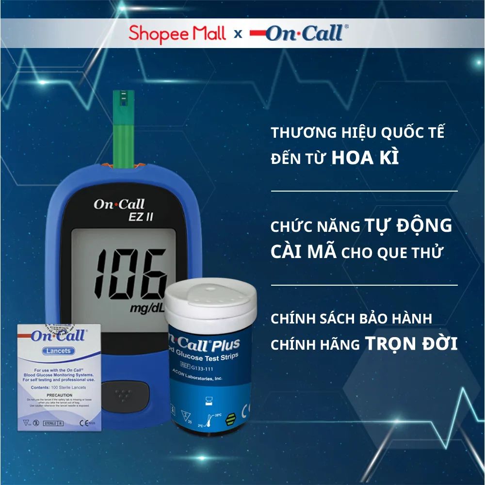 Ảnh Máy Đo Đường Huyết On Call EZ II Kèm Hộp 25 Que Thử Đường Huyết Và 100 Kim Lấy Máu [Bảo Hành Trọn Đời] 1