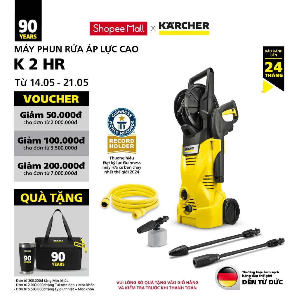 Ảnh Máy phun rửa áp lực cao Karcher K 2 HR - Công suất 1400W, áp lực 110 bar phù hợp rửa xe - Bảo hành 24 tháng 1