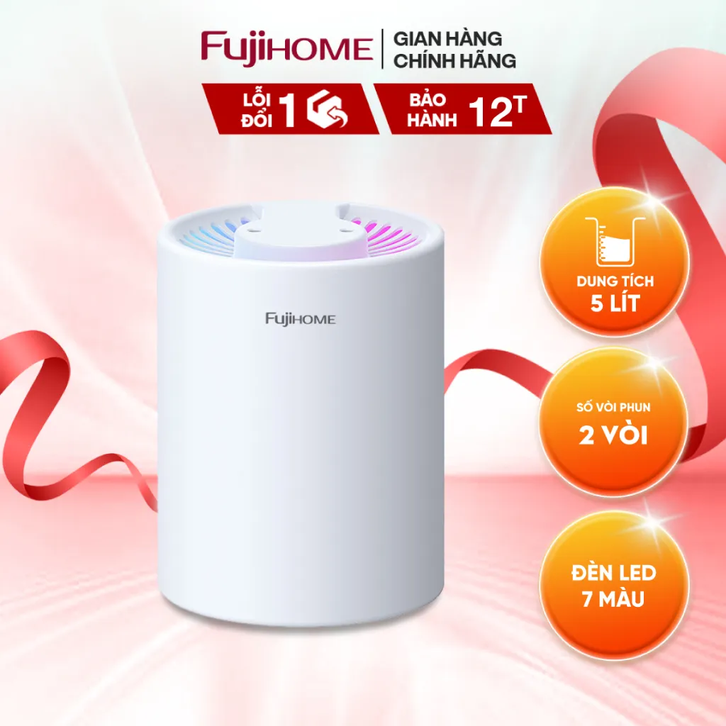Máy Phun Sương Tạo Ẩm FUJIHOME HM05A 5L, 2 Vòi Phun, Đèn LED 7 Màu - Chính Hãng