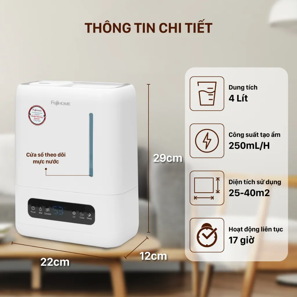 Ảnh Máy Phun Sương Tạo Ẩm Xông Tinh Dầu Fujihome HM04EUV Đầu Phun Xoay 360 Độ, Cảm Ứng, Màn LED Hiển Thị 2