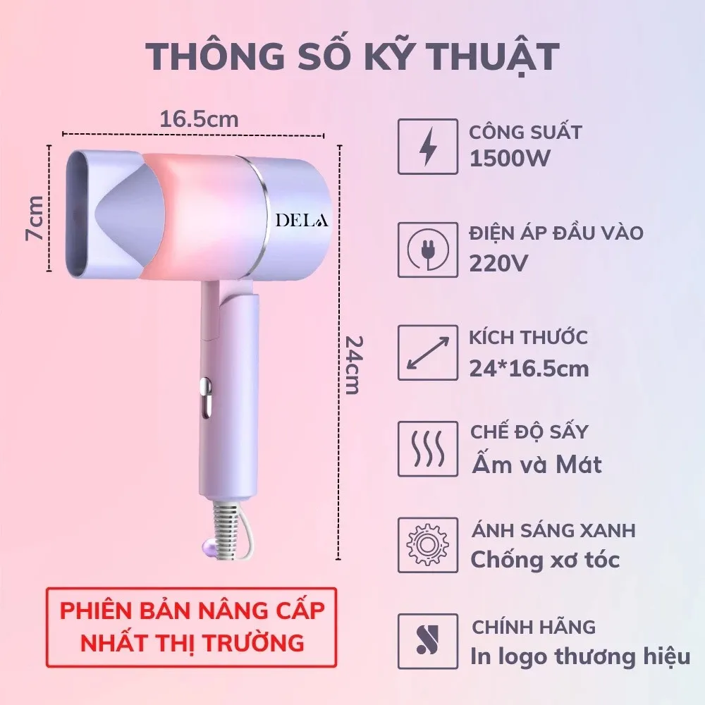 Ảnh Máy sấy tóc mini DELA HOKU gấp gọn tạo kiểu tóc chuyên nghiệp công suất lớn 1500w bảo hành 12 tháng - MST02 4