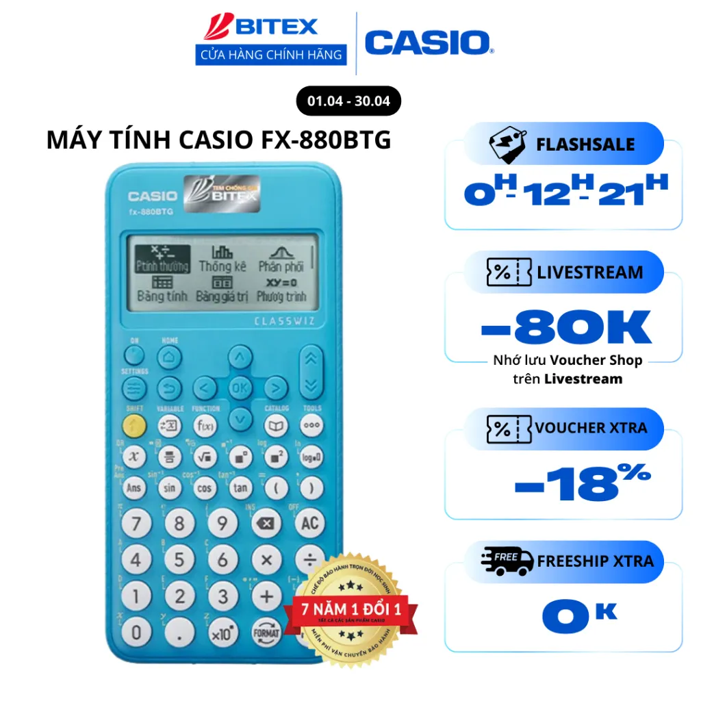 Ảnh Máy tính học sinh Casio Fx-880BTG màu xanh dành cho học sinh cấp 2 cấp 3 lớp 6 đến lớp 12 chuyên dụng mang vào phòng thi 1