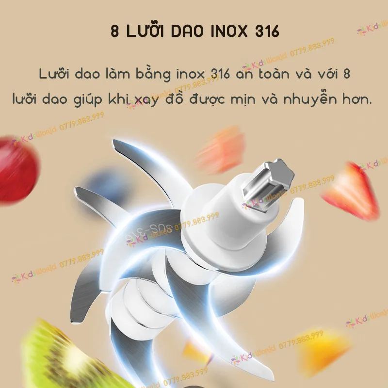 Ảnh Máy xay ăn dặm cho bé KidsWorld Hattiecs 8 lưỡi dao cối thuỷ tinh 300ml xay thịt xay sinh tố tỏi ớt 2