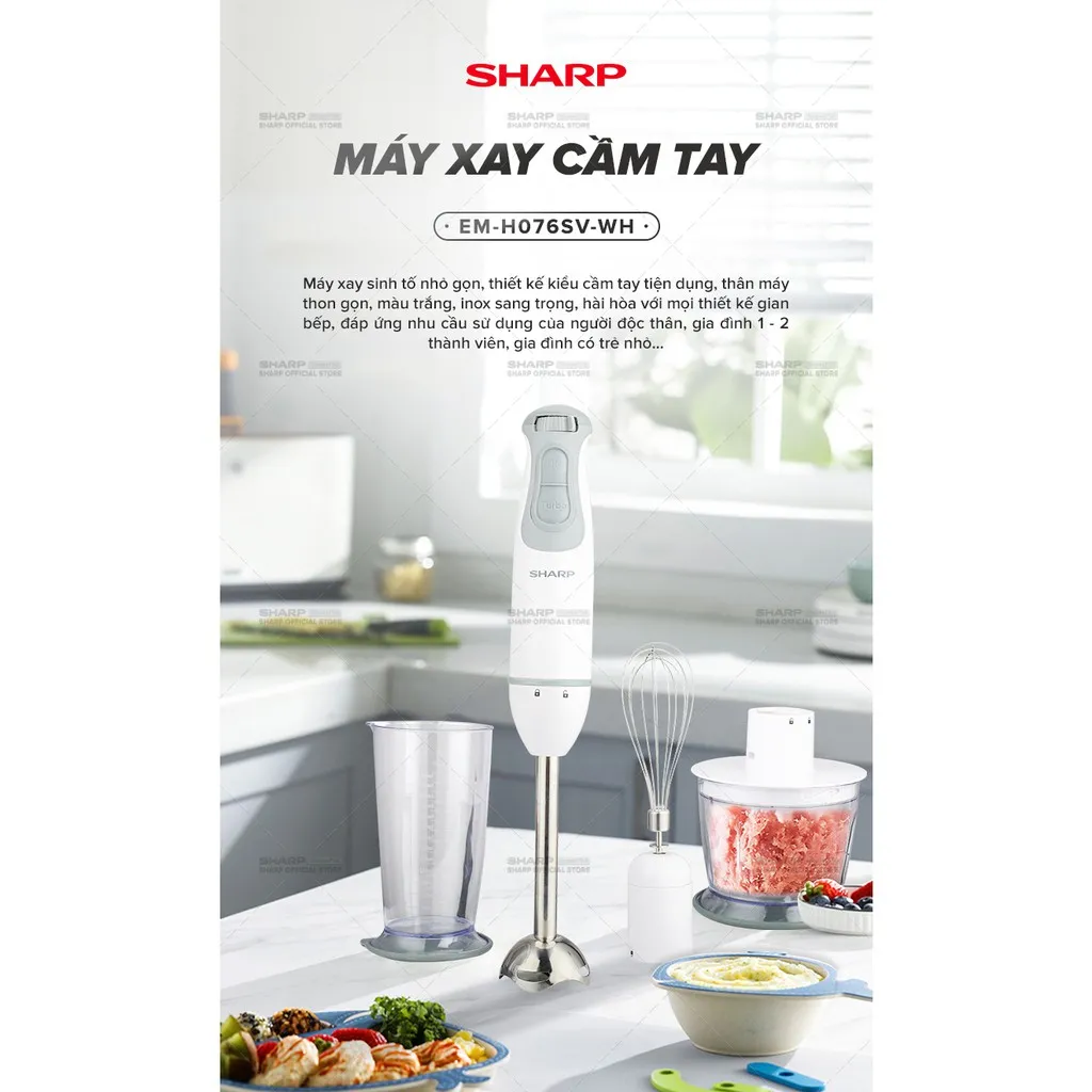 Ảnh Máy Xay Cầm Tay Sharp EM-H076SV-WH 0.7L Kèm Cây Đánh Trứng [600W] BH 12 Tháng 1