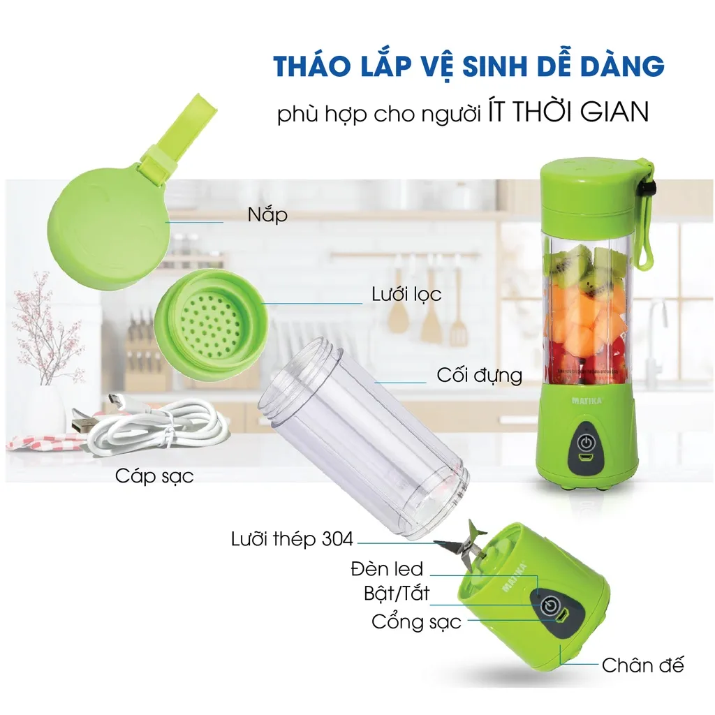 Ảnh Máy Xay Sinh Tố Mini MATIKA 380 ml Có Cổng Sạc USB MTK-3138 2