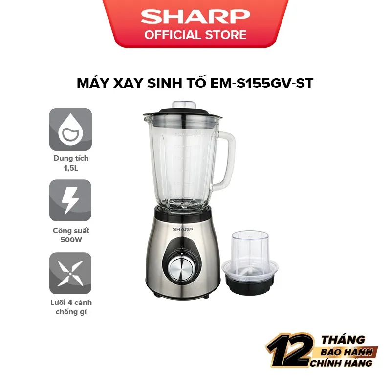 Ảnh Máy Xay Sinh Tố Sharp EM-S155GV-ST 1.5L Cối Thủy Tinh [500W, 5 Tốc Độ] - BH 12T 1