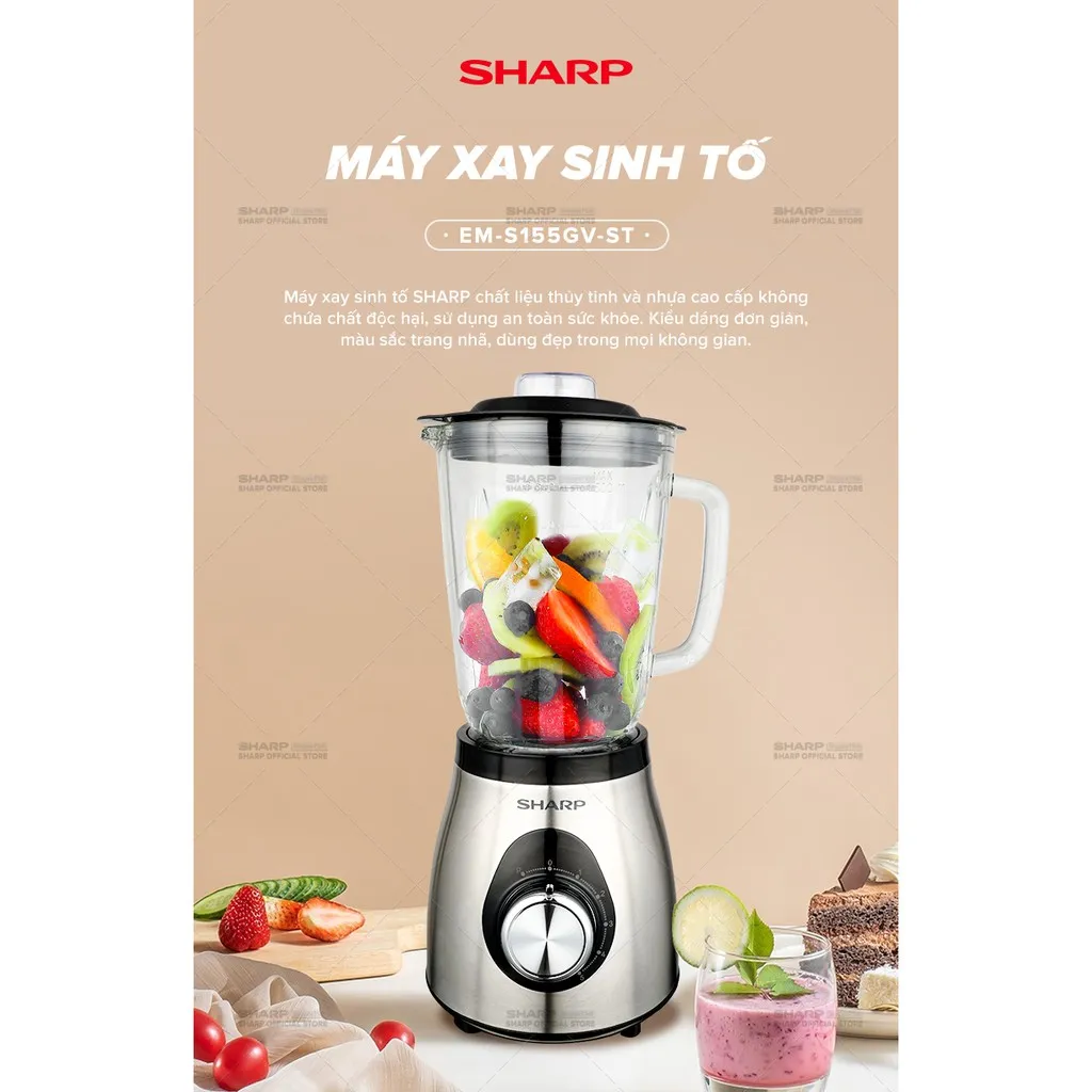 Ảnh Máy Xay Sinh Tố Sharp EM-S155GV-ST 1.5L Cối Thủy Tinh [500W, 5 Tốc Độ] - BH 12T 2