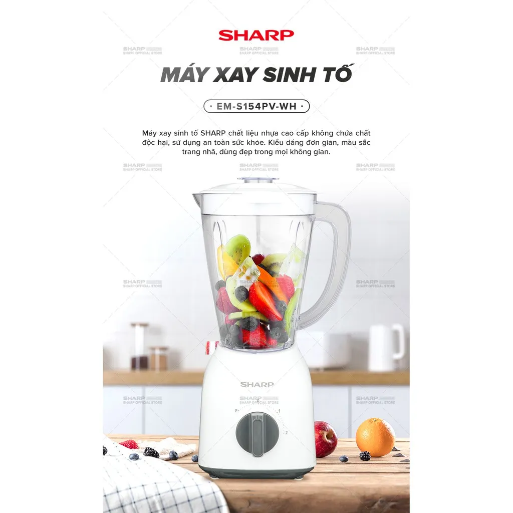 Ảnh Máy Xay Sinh Tố Sharp EM-S154PV-WH 1.5L [Công suất: 400W, 2 Tốc Độ Xay] BH 12 Tháng 1