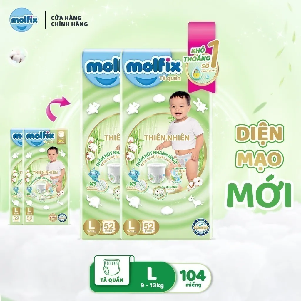 Ảnh Mega Jumbo2-Combo 2 Tã/bỉm quần Molfix Thiên nhiên Super Jumbo M112/L104/XL92/XXL84 2