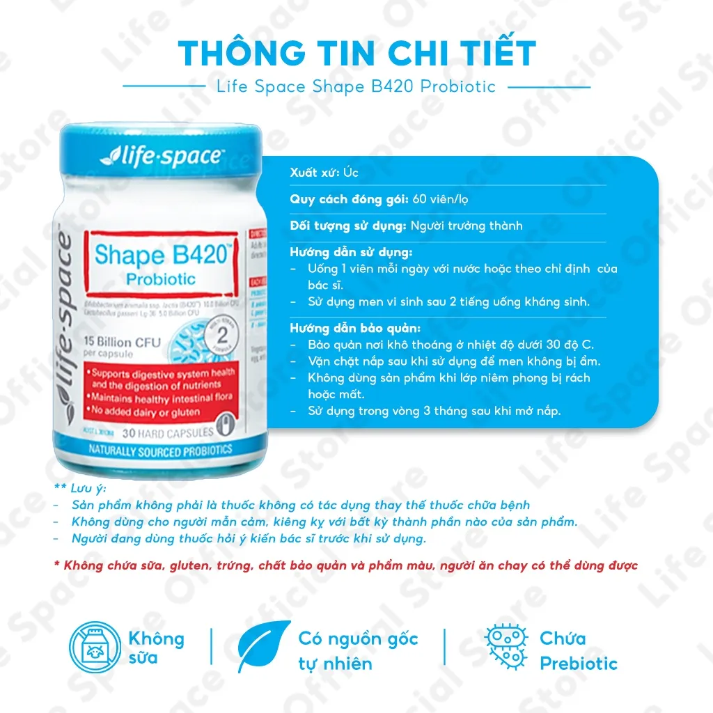 Ảnh Men vi sinh hỗ trợ tiêu hóa và hỗ trợ hệ vi sinh đường ruột khỏe mạnh Life Space Shape B420 Probiotic lọ 30 viên 1