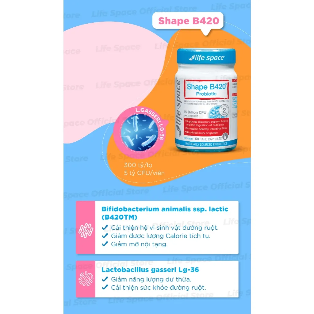 Ảnh Men vi sinh hỗ trợ tiêu hóa và hỗ trợ hệ vi sinh đường ruột khỏe mạnh Life Space Shape B420 Probiotic lọ 30 viên 4