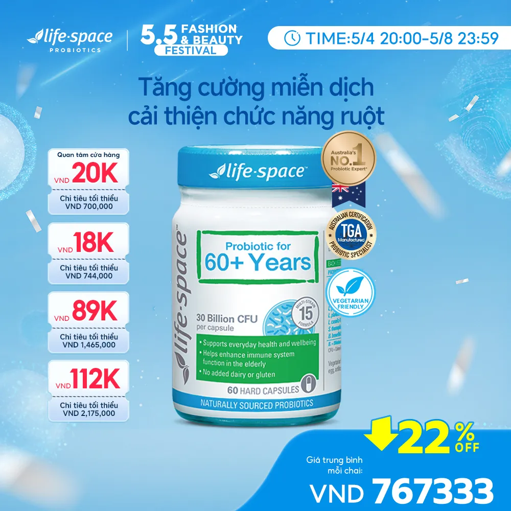 Ảnh Men vi sinh Life Space 60+ hỗ trợ tốt cho tiêu hóa và tăng cường sức đề kháng cho người từ 60 tuổi trở lên (Lọ 60 viên) 1