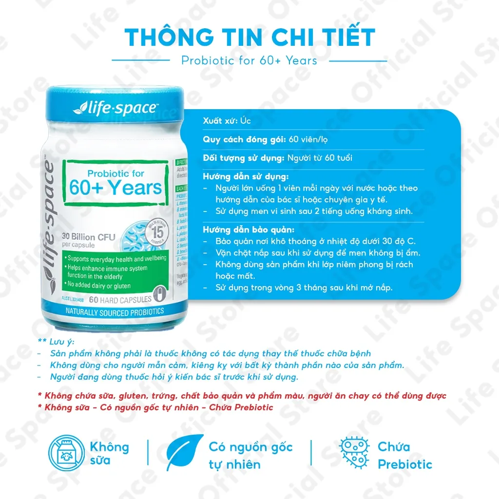Ảnh Men vi sinh Life Space 60+ hỗ trợ tốt cho tiêu hóa và tăng cường sức đề kháng cho người từ 60 tuổi trở lên (Lọ 60 viên) 3