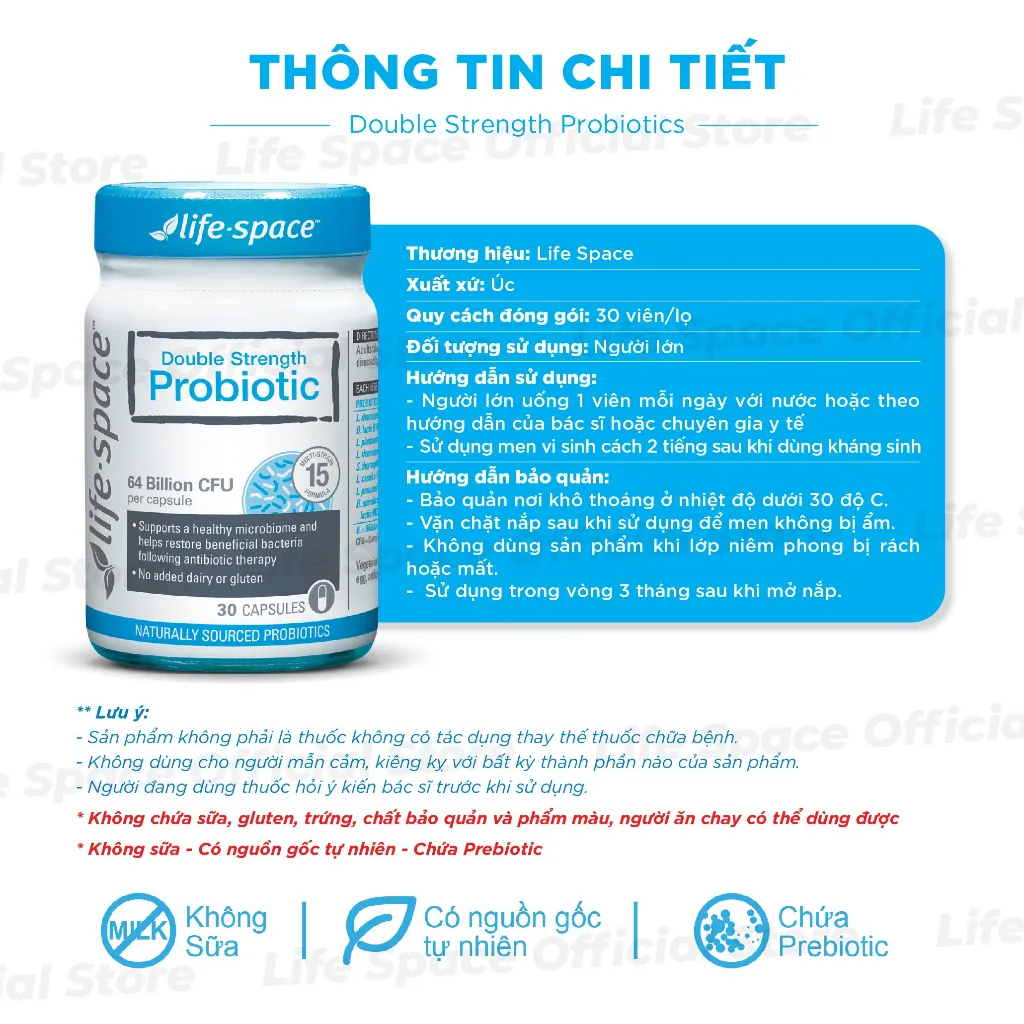 Ảnh Men vi sinh Life Space Double Strength hỗ trợ tiêu hóa khỏe mạnh và hỗ trợ tăng cường sức đề kháng lọ 30 viên Prebiotic 3