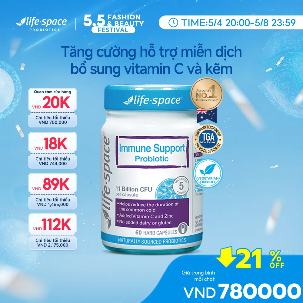 Ảnh Men vi sinh Life Space Immune Support tăng cường đề kháng, bổ sung lợi khuẩn, vitamin C, kẽm lọ 60 viên Prebiotic 1