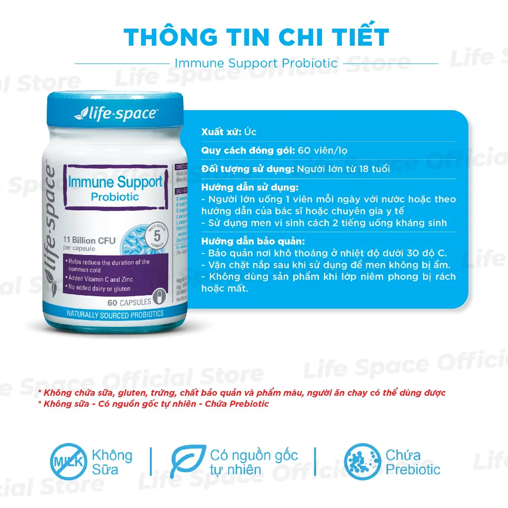 Ảnh Men vi sinh Life Space Immune Support tăng cường đề kháng, bổ sung lợi khuẩn, vitamin C, kẽm lọ 60 viên Prebiotic 3
