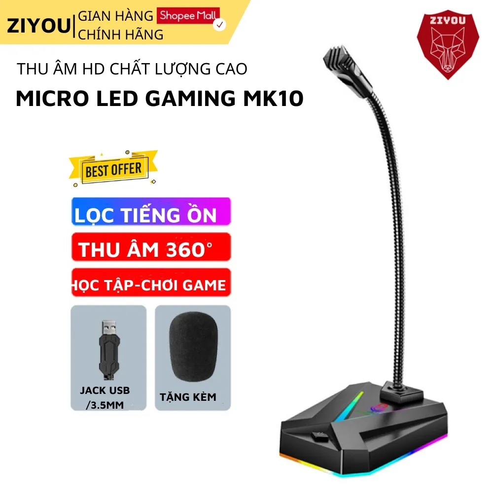 Ảnh Micro Máy Tính, Laptop Ziyou MK10 LED RGB Thu Âm Chống Nhiễu Kết Nối Jack USB Hoặc 3.5mm Dùng Live Stream, Học Online 1