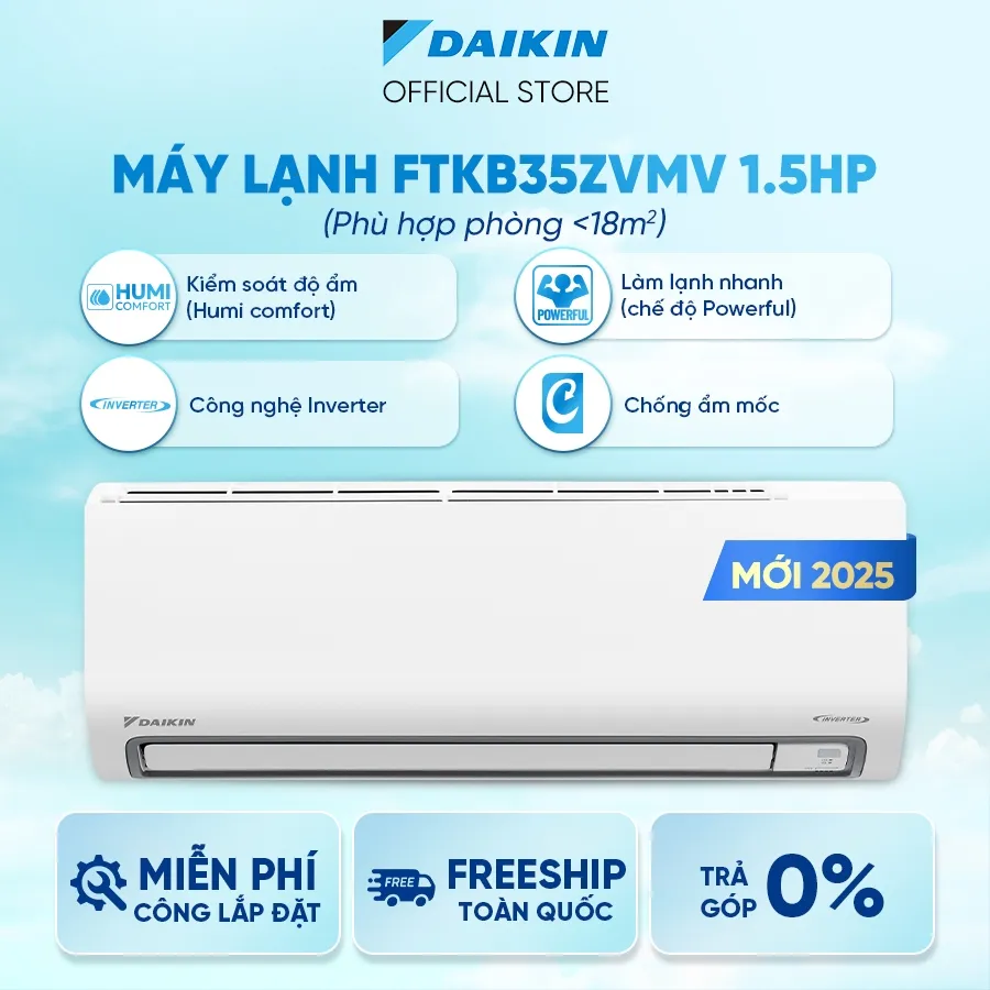 Ảnh [MIỄN PHÍ LẮP ĐẶT 1TR3] MỚI 2025 - Máy Lạnh Daikin Inverter 1 chiều FTKB35ZVMV 1.5HP 12000BTU 2
