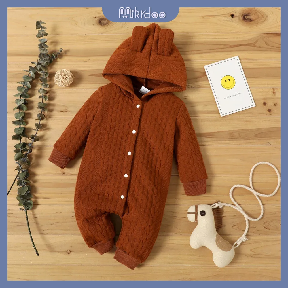 Ảnh MIKRDOO  Áo liền quần trẻ em tay dài có mũ trùm đầu màu trơn dành cho bé trai và bé gái 0-18 tháng tuổi 2