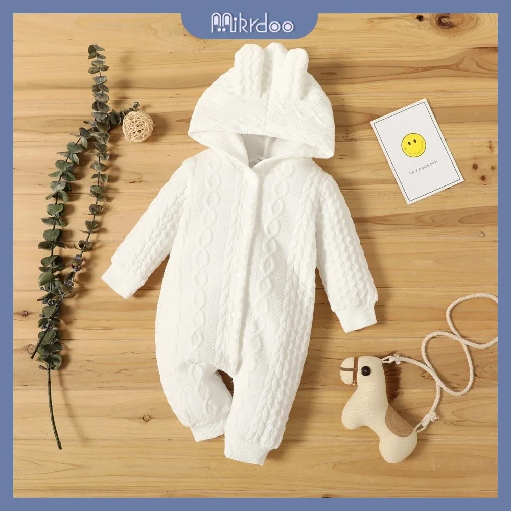 Ảnh MIKRDOO  Áo liền quần trẻ em tay dài có mũ trùm đầu màu trơn dành cho bé trai và bé gái 0-18 tháng tuổi 3