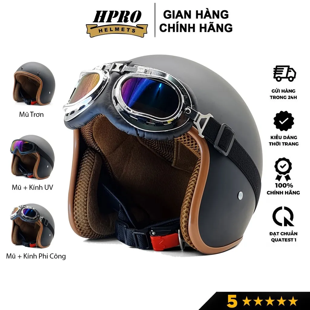 Ảnh Mũ bảo hiểm 3/4 đầu Sundy Helmets, màu đen nhám mạnh mẽ, cá tính, Freesize (54-58cm) kèm kính UV, phi công 1