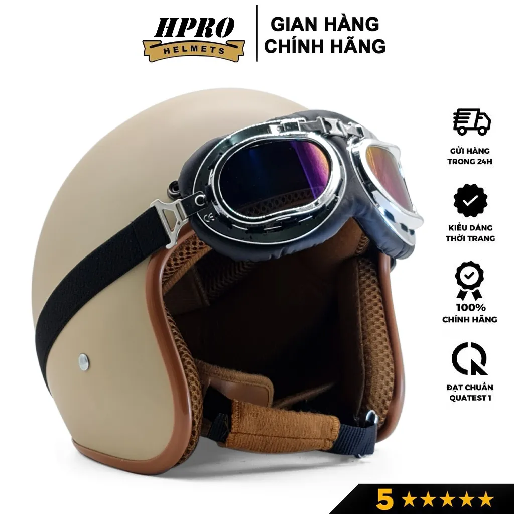 Ảnh Mũ bảo hiểm 3/4 đầu Sundy Helmets, màu kem sữa mờ, sang trọng, tinh tế, Freesize (54-58cm) kèm kính UV, phi công 3