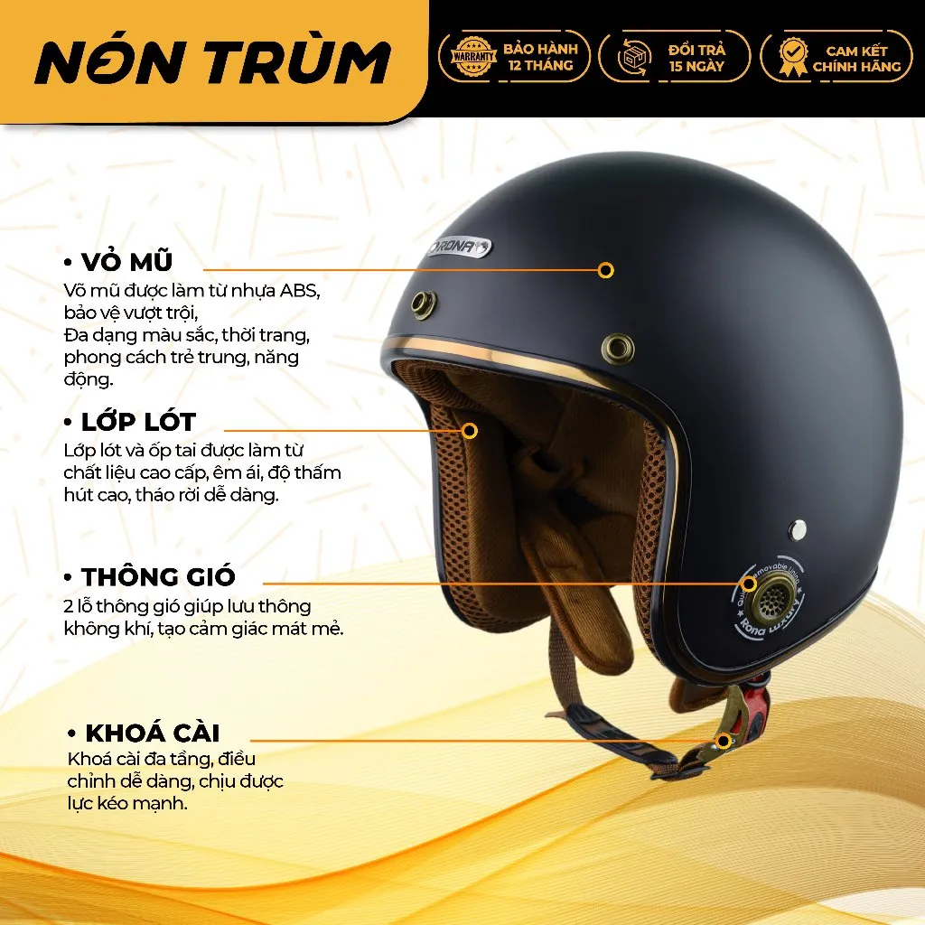 Ảnh Mũ bảo hiểm 3/4 RONA màu đen nhám chính hãng, bảo hành 12 tháng tại hệ thống Nón Trùm 3