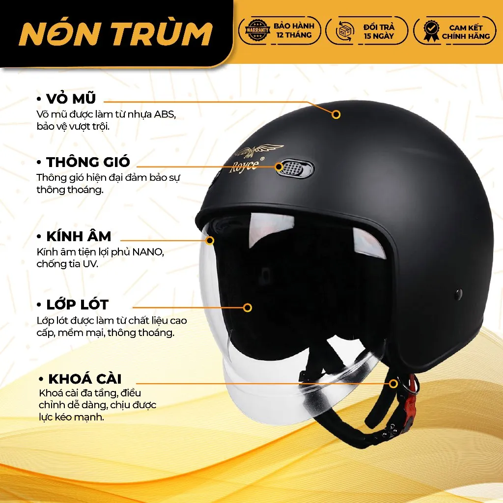Ảnh Mũ bảo hiểm 3/4 Royce XH26 kính âm, lót màu đen, lỗ thông gió lạ mắt cho nam và nữ 4