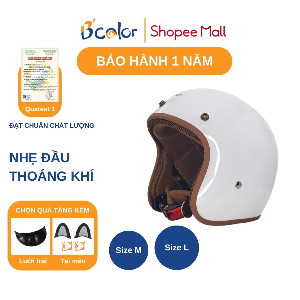 Ảnh Mũ Bảo Hiểm B'color Loại 3/4 Màu Trắng An Toàn, Phong Cách Chính Hãng 1