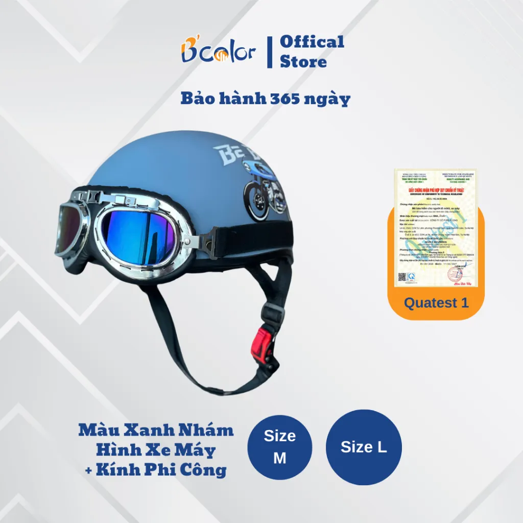 Ảnh Mũ Bảo Hiểm B'color Loại Nửa Đầu Họa Tiết Hình Xe Máy Kèm Kính Thời Trang 1