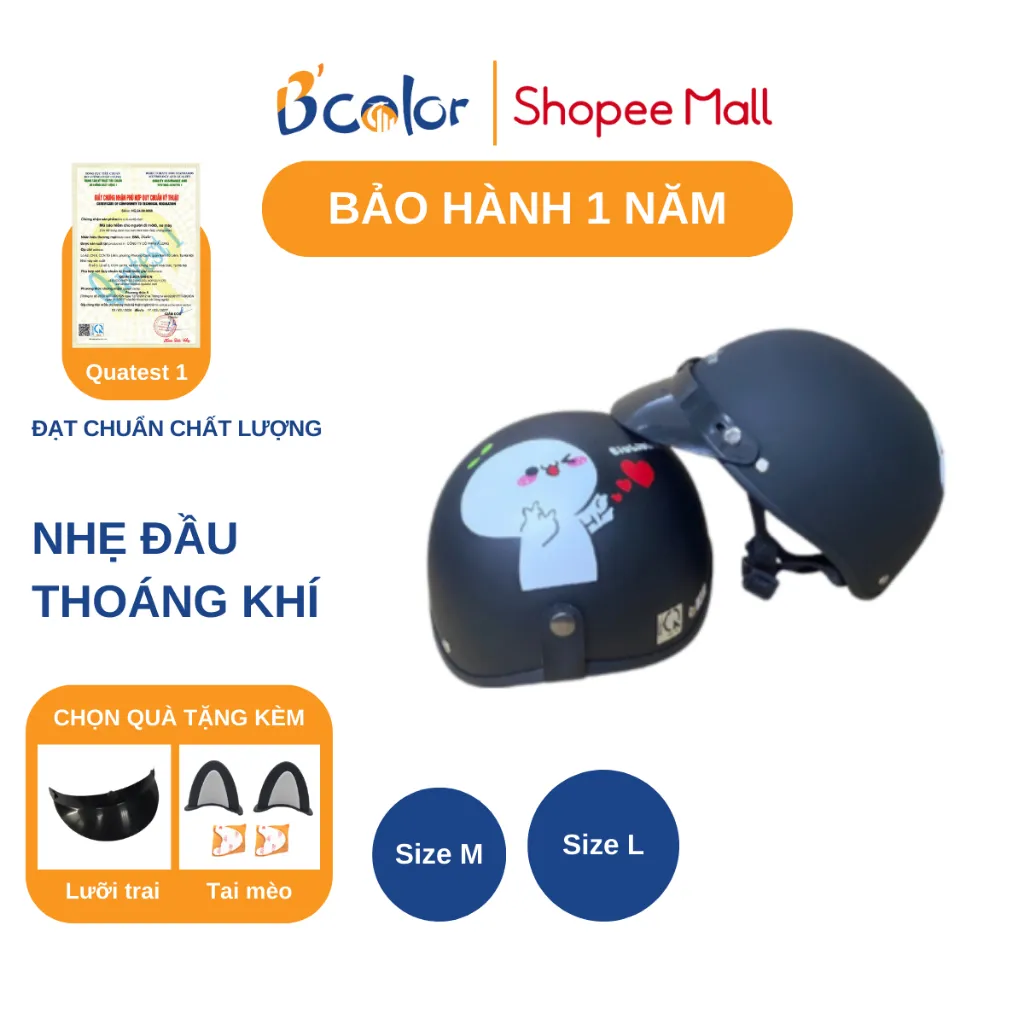 Ảnh Mũ Bảo Hiểm B'color Loại Nửa Đầu Màu Đen Họa Tiết Kèm Lưỡi Trai 1