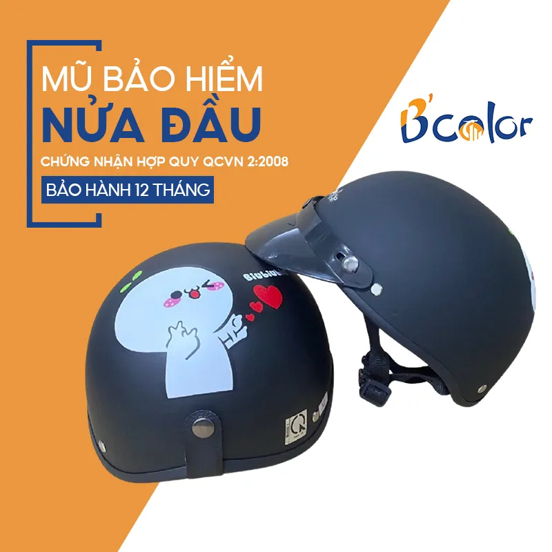 Ảnh Mũ Bảo Hiểm B'color Loại Nửa Đầu Màu Đen Họa Tiết Kèm Lưỡi Trai 2