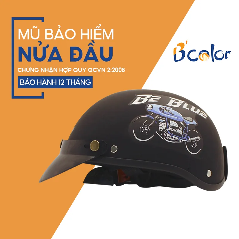 Ảnh Mũ Bảo Hiểm B'COLOR Loại Nửa Đầu Kèm Lưỡi Trai Màu Đen Họa Tiết Hình Xe Máy 1
