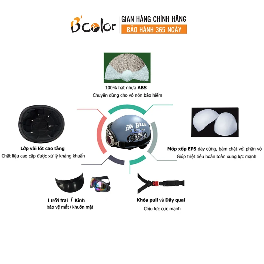 Ảnh Mũ Bảo Hiểm B'COLOR Loại Nửa Đầu Kèm Lưỡi Trai Màu Đen Họa Tiết Hình Xe Máy 4