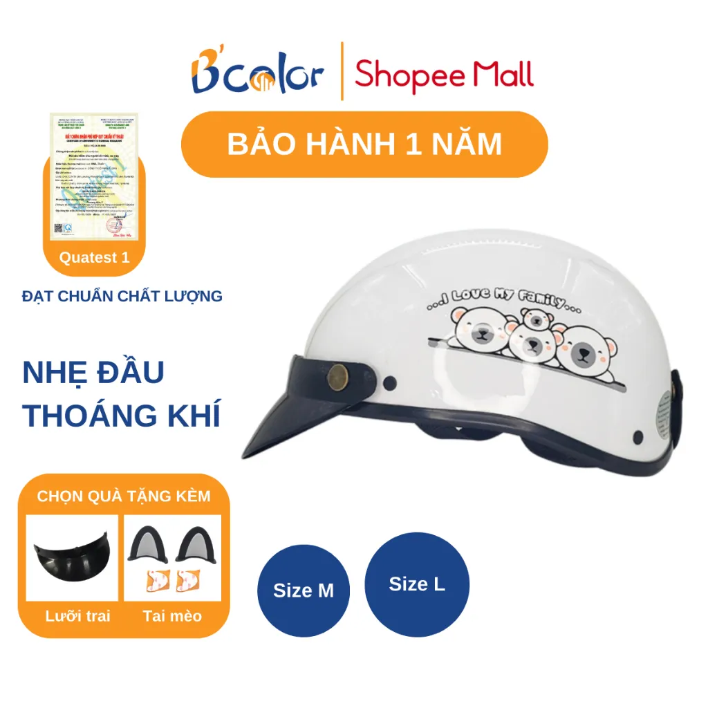Ảnh Mũ Bảo Hiểm B'color Màu Trắng Hình Gấu Loại Nửa Đầu Kèm Lười Trai 1