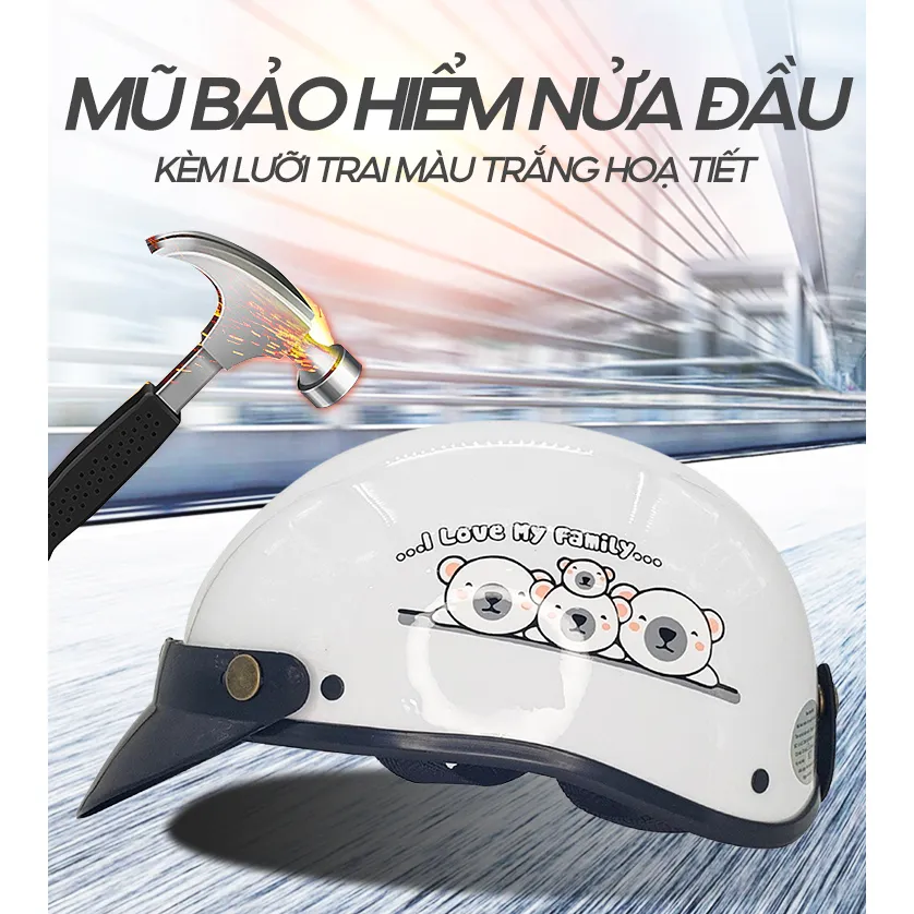 Ảnh Mũ Bảo Hiểm B'color Màu Trắng Hình Gấu Loại Nửa Đầu Kèm Lười Trai 4