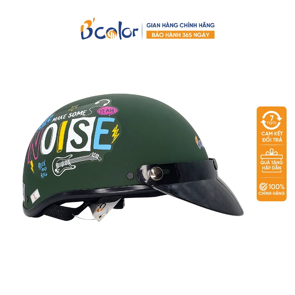 Ảnh Mũ Bảo Hiểm B'color Màu Xanh Rêu Có Chữ Noise Loại Nửa Đầu Kèm Lười Trai 1