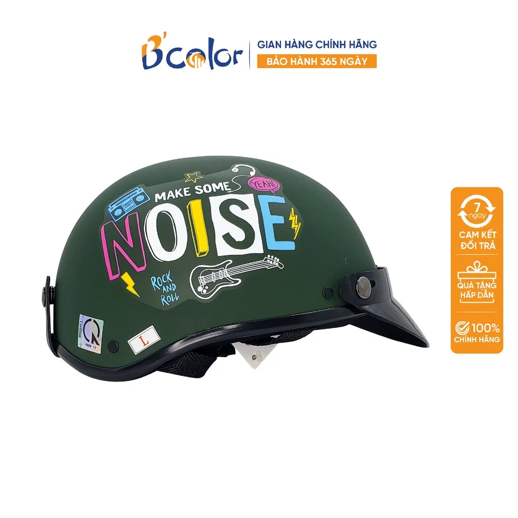 Ảnh Mũ Bảo Hiểm B'color Màu Xanh Rêu Có Chữ Noise Loại Nửa Đầu Kèm Lười Trai 3