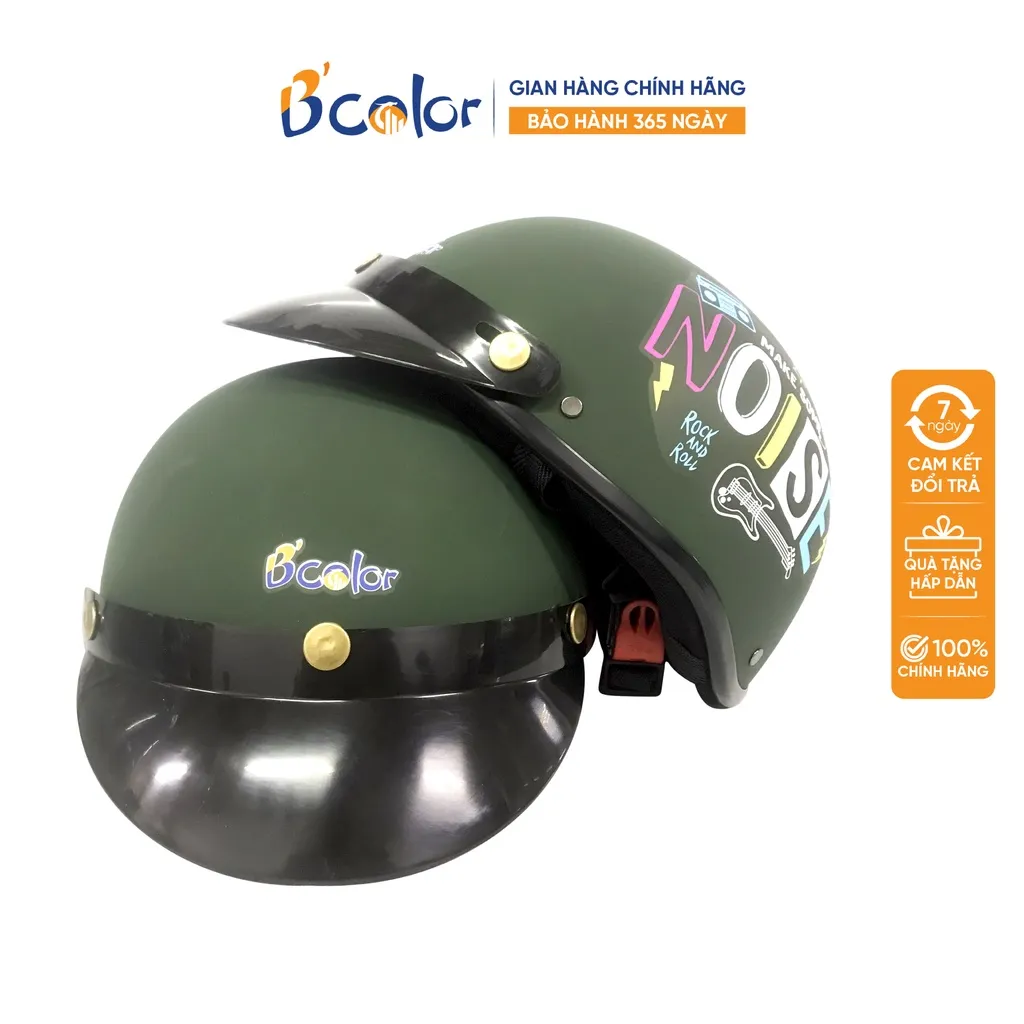 Ảnh Mũ Bảo Hiểm B'color Màu Xanh Rêu Có Chữ Noise Loại Nửa Đầu Kèm Lười Trai 4