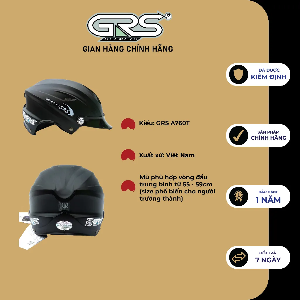 Ảnh Mũ bảo hiểm không kính GRS A760T (màu đen nhám) 3